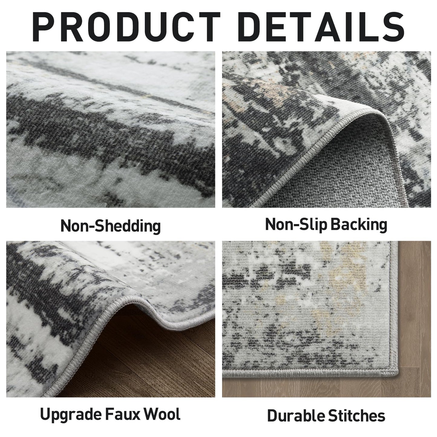 8x10 Area Rugs Washable Rug: Large Modern Abstract Living Room Rug Soft Anti-Skid Thin Carpet Indoor Floor Non-Shedding Carpets for Bedroom Dining Farmhouse Nursery Home Office Black Grey Gold