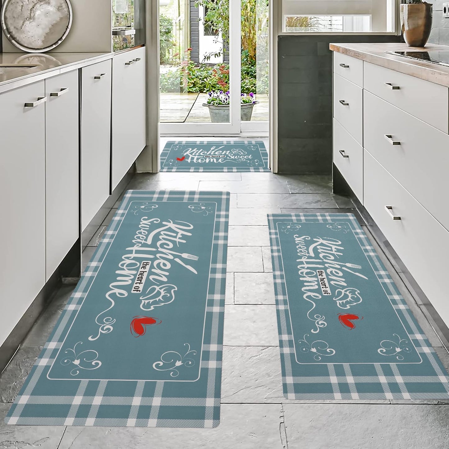 XLHOMO Kitchen Mats for Floor with Grid Design, Farmhouse 3 Piece Washable Absorbent Runner Rugs Non Slip Cushioned Kitchen Mat Comfort Rug Set for Kitchen, Floor, Office