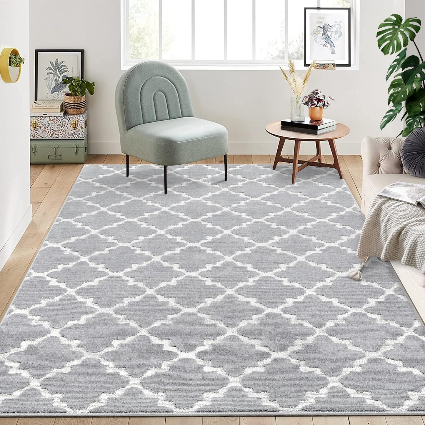 dainslef Living Room Rug 4x6 Shaggy Textured Rugs Indoor Soft Modern Trellis Throw Rugs Non-Shedding Non Slip Accent Rug Diamond Lattice Floor Carpet for Bedroom Nursery Kids Room Home Office Grey