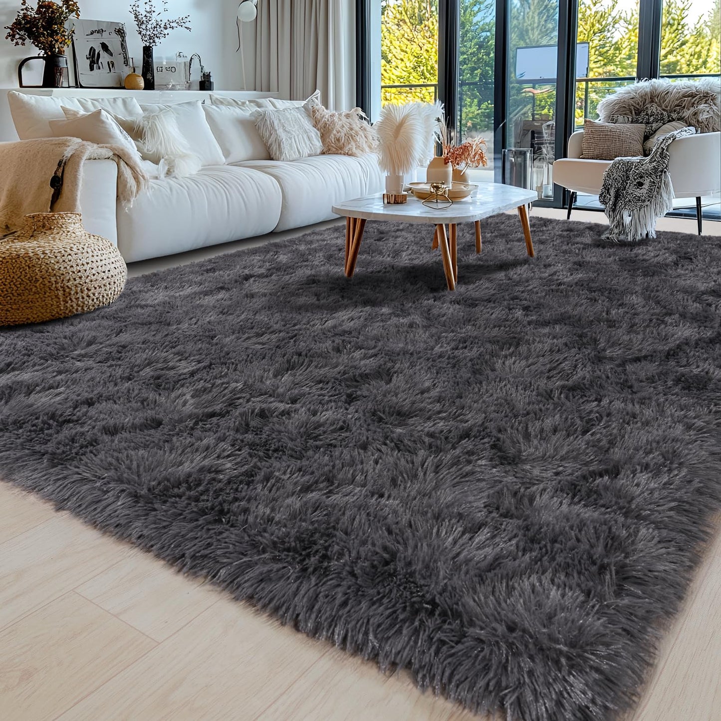 8x10 Area Rugs for Living Room, Ultra Soft Fluffy Large Shaggy Rug Carpet for Bedroom, Non-Slip Fuzzy Plush Rugs for Nursery Boys Girls Kids Room Modern Indoor Home Decor, Charcoal Grey