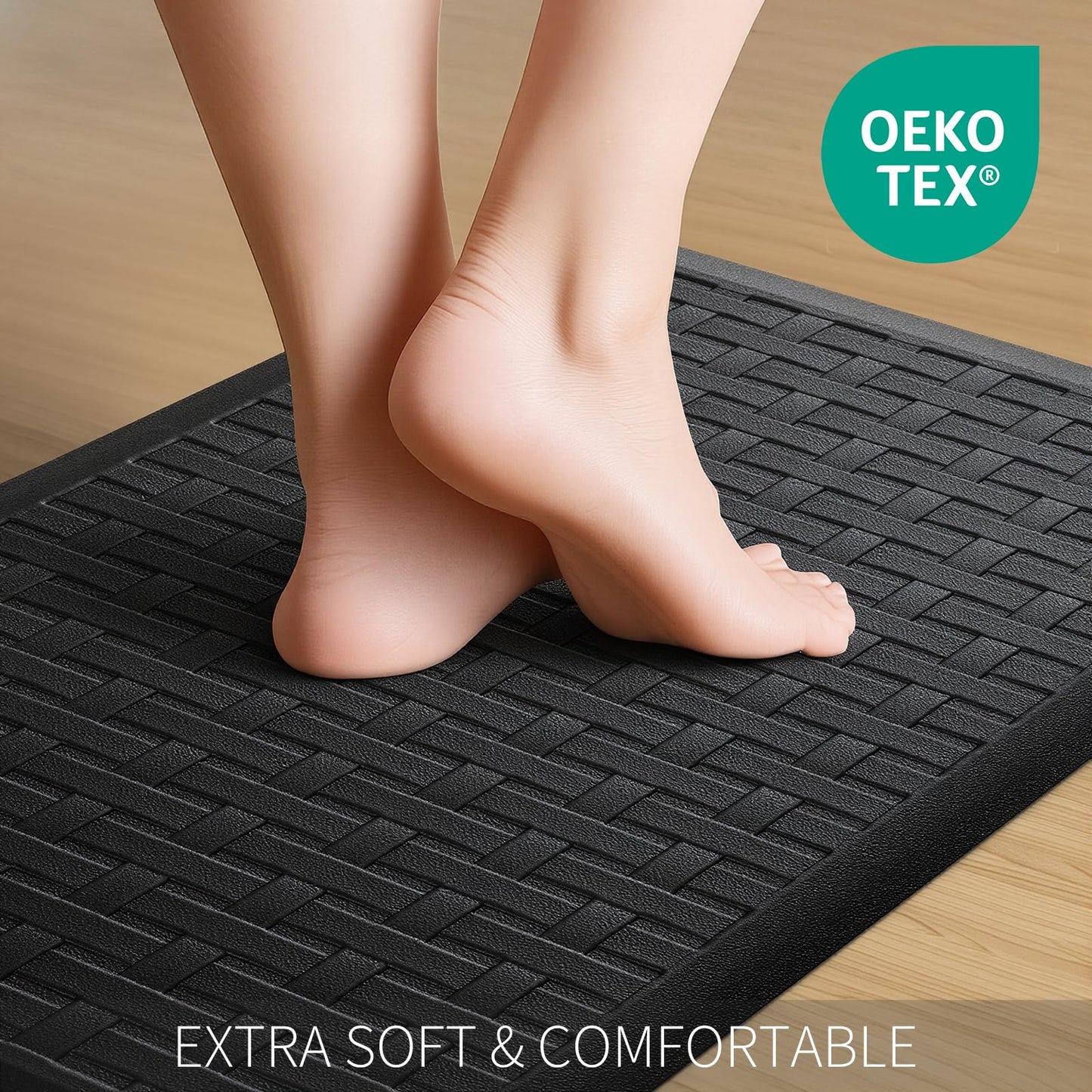 UKISS 2PCS Kitchen Rugs, Cushioned Anti Fatigue Kitchen Mats for Floor, Waterproof Kitchen Rug，Non-Slip Comfort Standing Mat for Kitchen (Black, 17.3"x28"+17.3"x28")