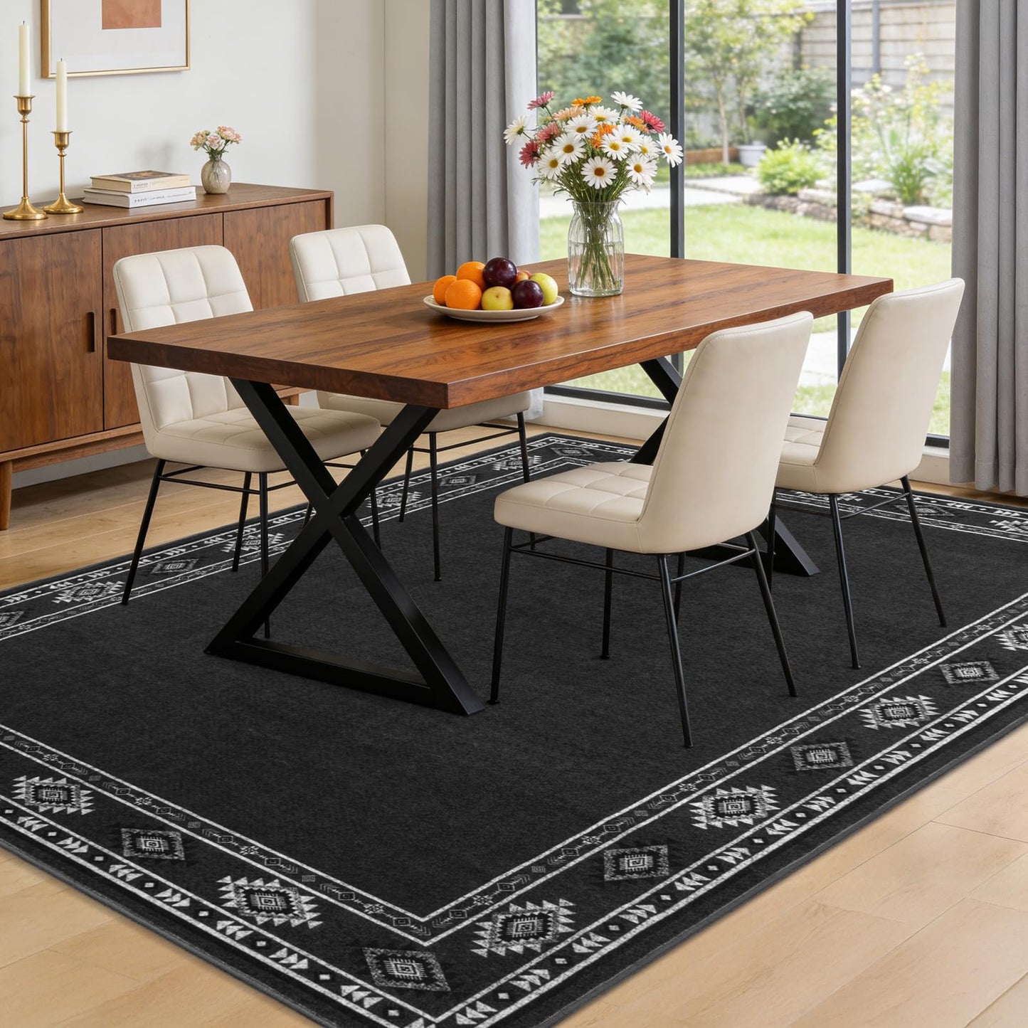 QDUIDU Large Area Rug for Bedroom Living Room, 4x6 Feet Ultra Soft Dark Grey Rugs Washable Modern Geometric Bordered Non Slip Low Pile Carpets Home Decor