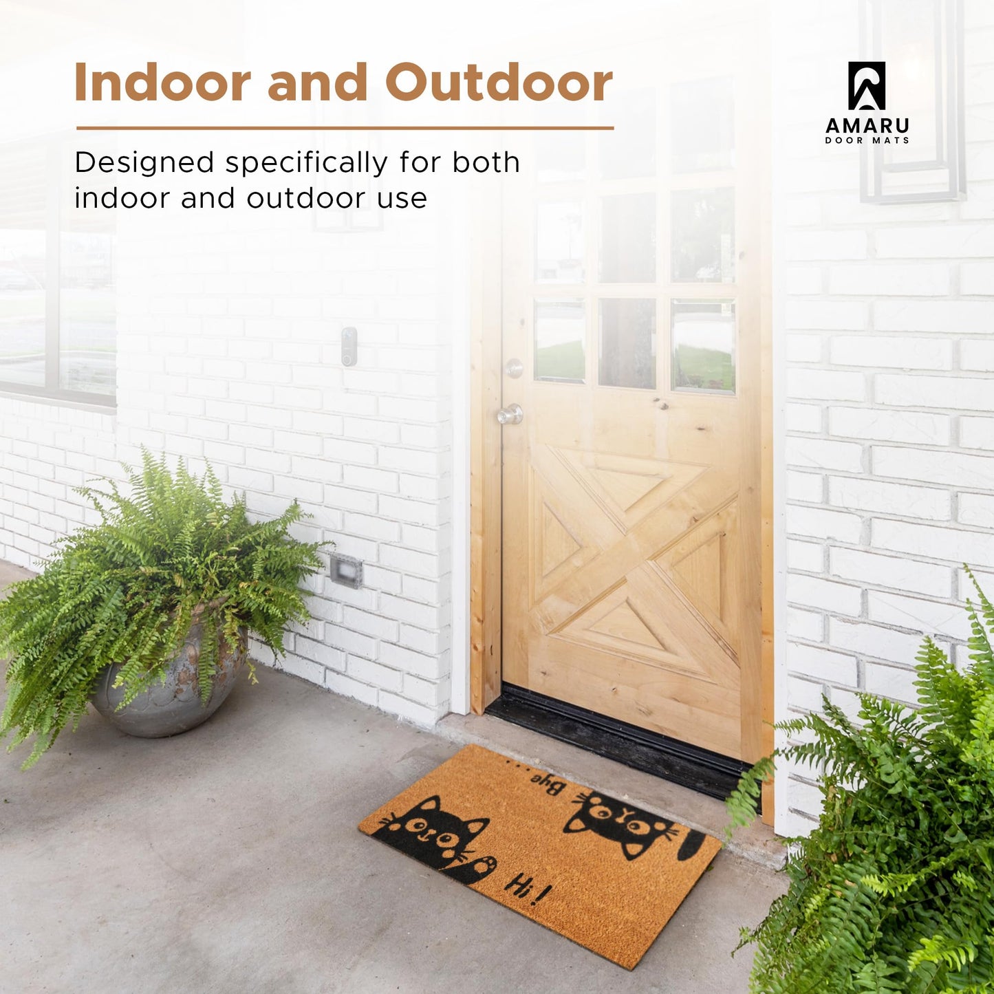 AMARU DOOR MATS - Coir Welcome Mat, Non-Slip, Hi-Bye Cat, 17 x 29 in