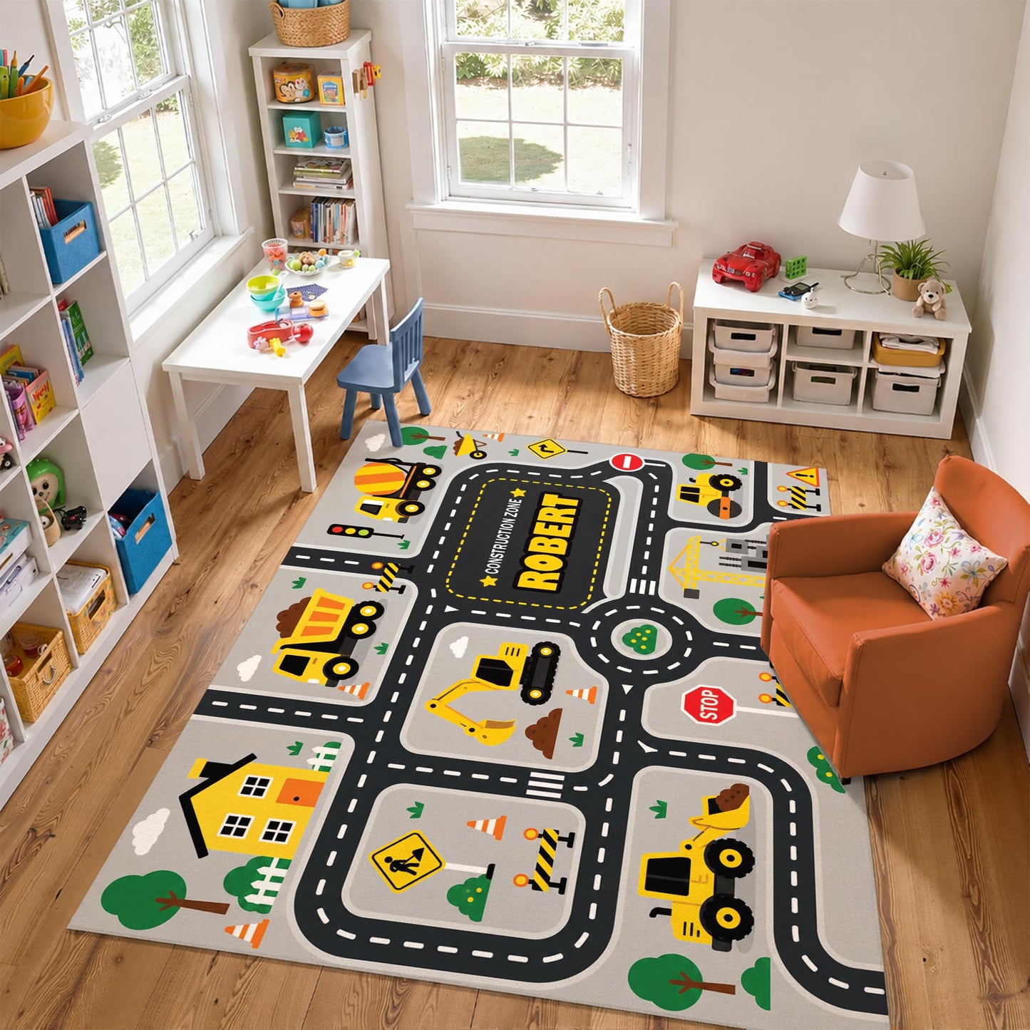 Custom Road Map Area Rug, Personalized City Street Car Rug, 5x7 Cars Truck Play Mat, Washable Non Slip Soft Town Playroom Carpet for Kids Bedroom Nursery Classroom Decor (Map 4)