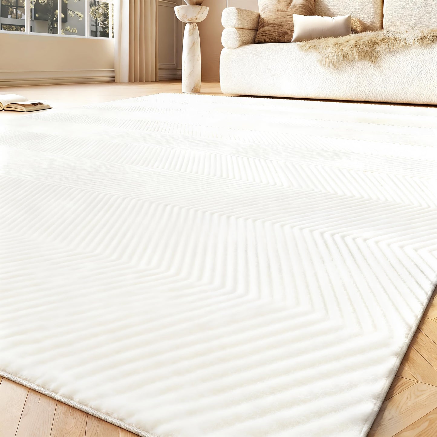 CASTLYE Area Rug for Living Room - 3x5 Soft Faux Rabbit Fur Modern Geometric Wave Carpet for Bedroom, Light Beige