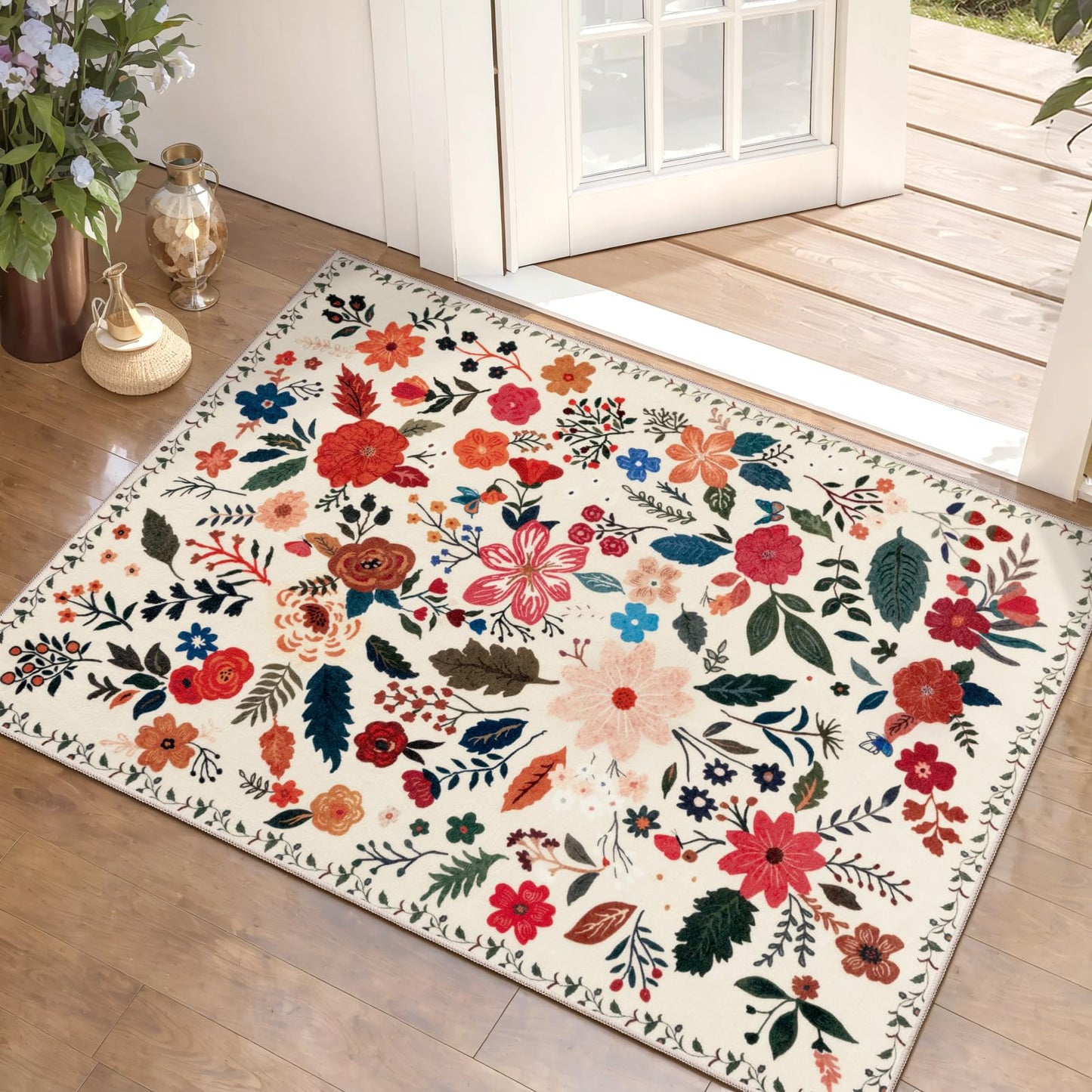 Tangsoo 2x3 Small Area Rug for Entryway, Non Slip Machine Washable Boho Floral Entry Rug, Soft Low Pile Throw Rugs Door Mat Indoor Entrance Floor Carpet for Bedroom Kitchen Bathroom, Kids Room(Beige)