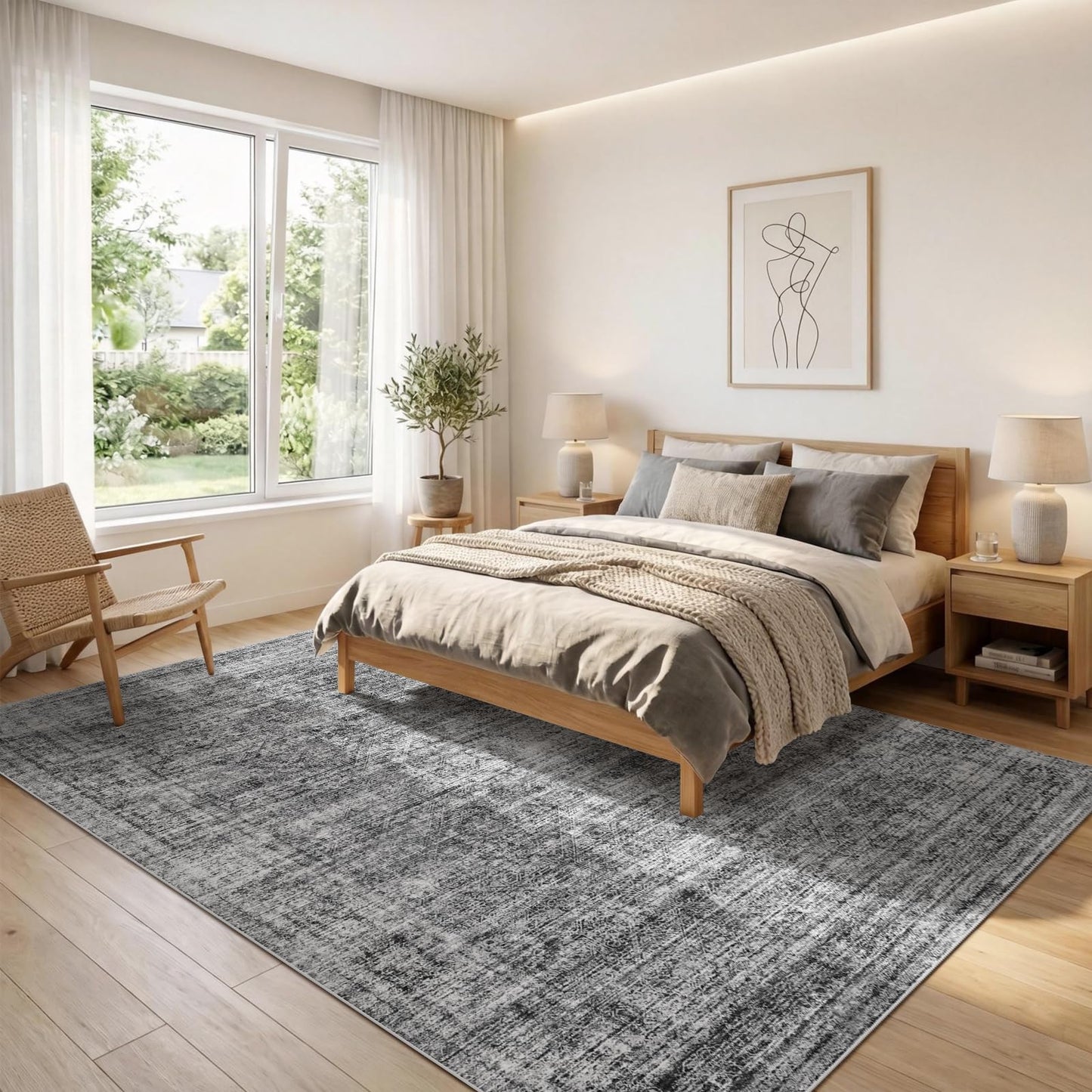 Area Rug 8x10 Washable Rug, Large Soft Rugs for Living Room Vintage Distressed Cashmere Non-Slip Stain Resistant Carpet for Bedroom Dining Room Home Office Gray