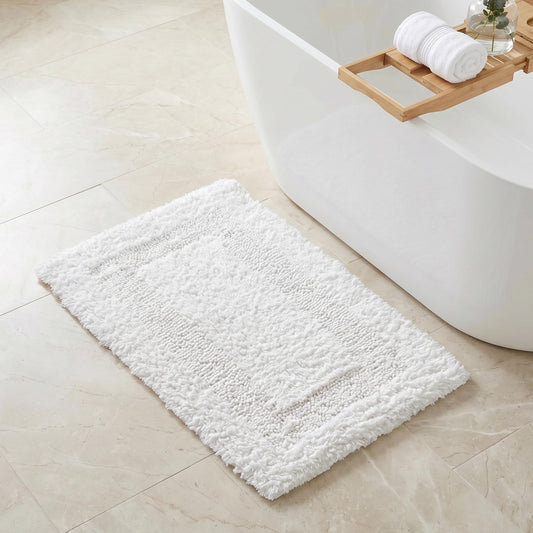 Cotton Reversible Bathmat Rug 17x24 - White, Ultra Soft Bathtub Floor Bath Rugs Ideal for Toilet, Bathroom, Kitchen | Super Absorbent Quick Dry Hotel Quality Throw Mat for Machine Washable