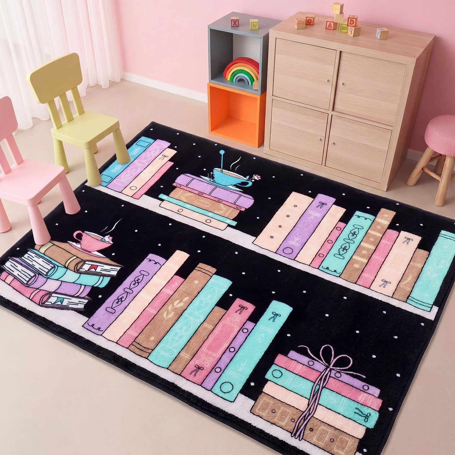 Dunzy Bookshelf Dots Classroom Rug 3.3 x 4 ft Back to School Classroom Decor Soft Washable Bookshelf Rug with Non Slip Backing for Teaching Playroom Reading Corner Library Supply