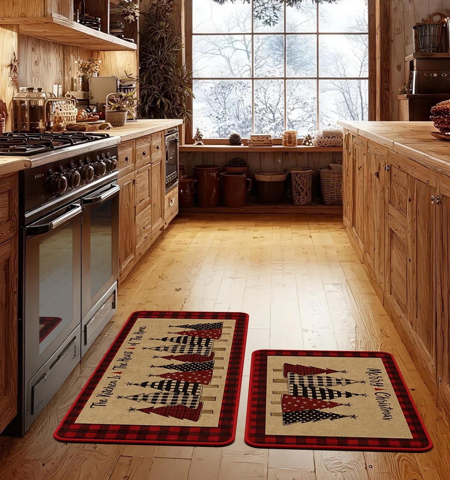 CHAMBERY Kitchen Rugs Set of 2, 17" x 29" & 17"x 47" Xmas Tree Non-Slip Backing Buffalo Plaid Merry Christmas Kitchen Mats for Floor,Low-Profile Winter Holiday Decorations Christmas Doormat