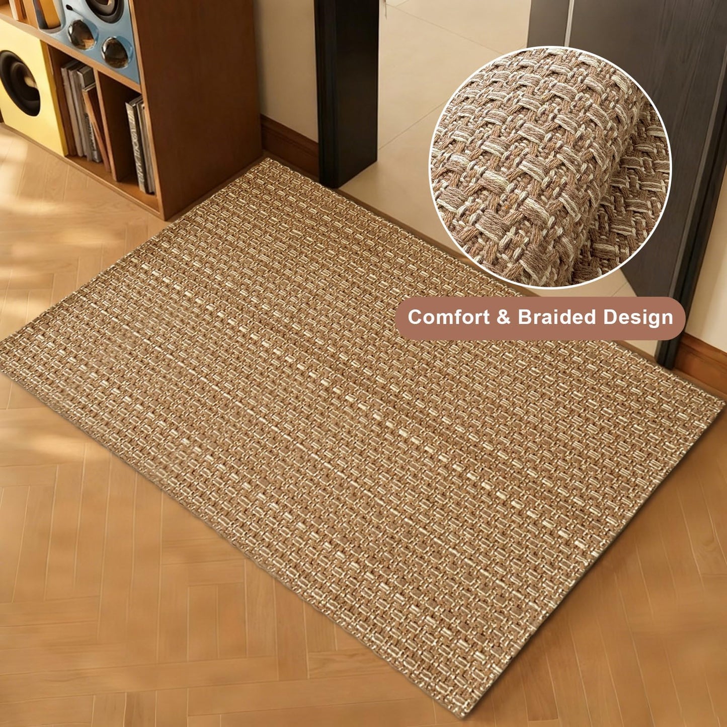 Entryway Rug,Indoor Door Mat 2x3 ft Small Area Rugs,Boho Style Braided Rug,Neutral Solid Rugs,Entrance Doormat for Front Porch,Bathroom,Kitchen,Bedroom,Tan Brown