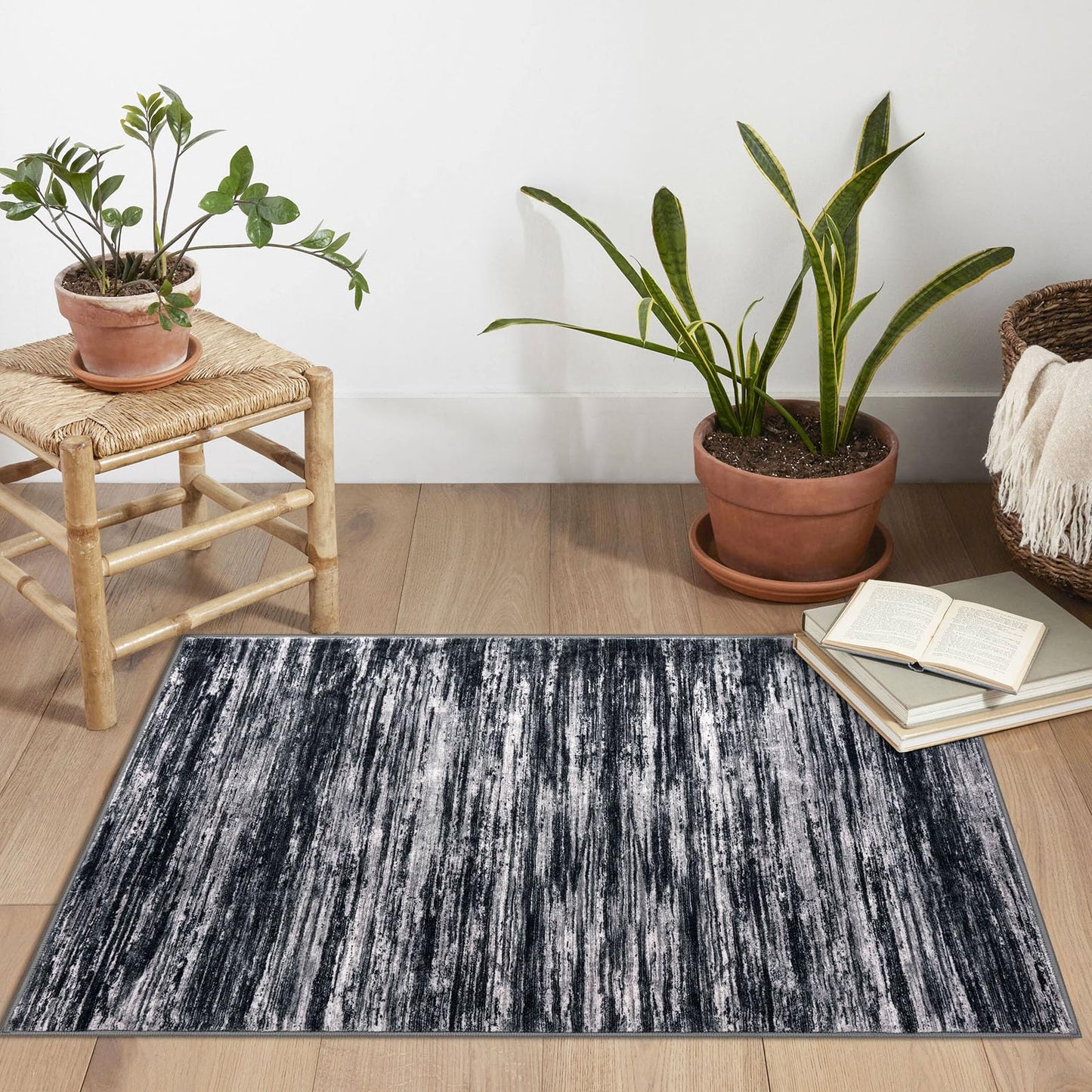 SIILOOM 2x3 Modern Abstract Rug for Entryway, Black Super Soft Small Area Rug, Washable Slip-Resistant Kitchen Rugs, Low-Pile Mat Carpet for Bedside, Indoor Door Mat