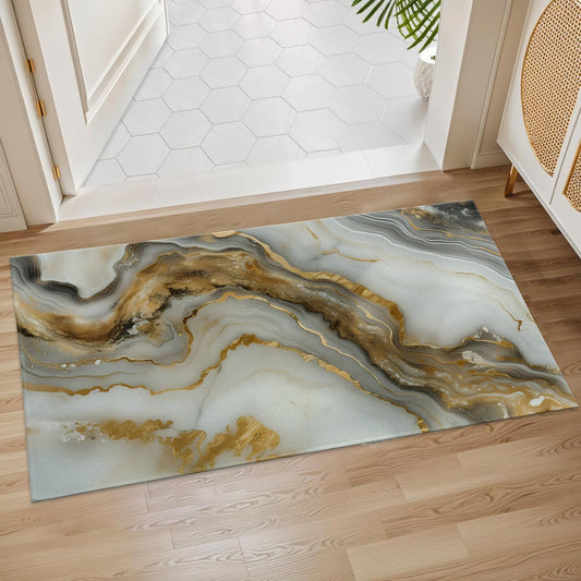 Plistiz Golden Marble Indoor Door Mat, 17x29.5 Inch, Floor Area Rug for Entryway, Living Room, or Bathroom, Non-Slip Doormat, Elegant Abstract Design with Gold and Grey Tones Home Decor Rug Gifts