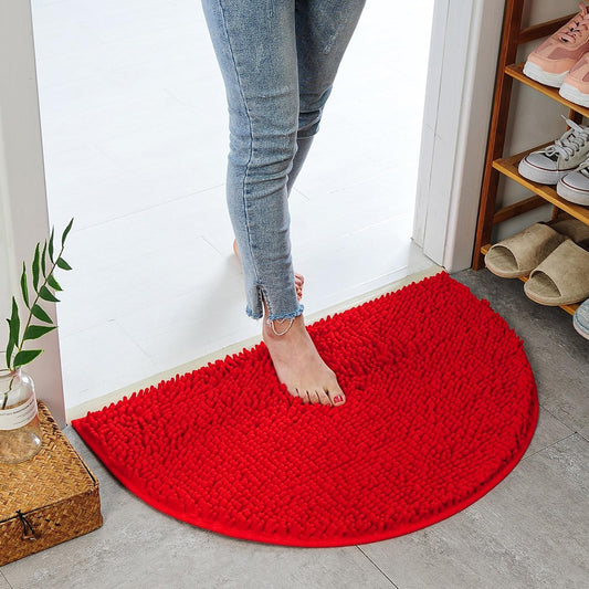 Eanpet Half Round Bath Mat Red Bathroom Rugs Semicircle Chenille Bath Rugs Water Absorbent Floor Mats for Kids Washable Bathroom Shower Mat Area Rugs (19.2" x 31.1")