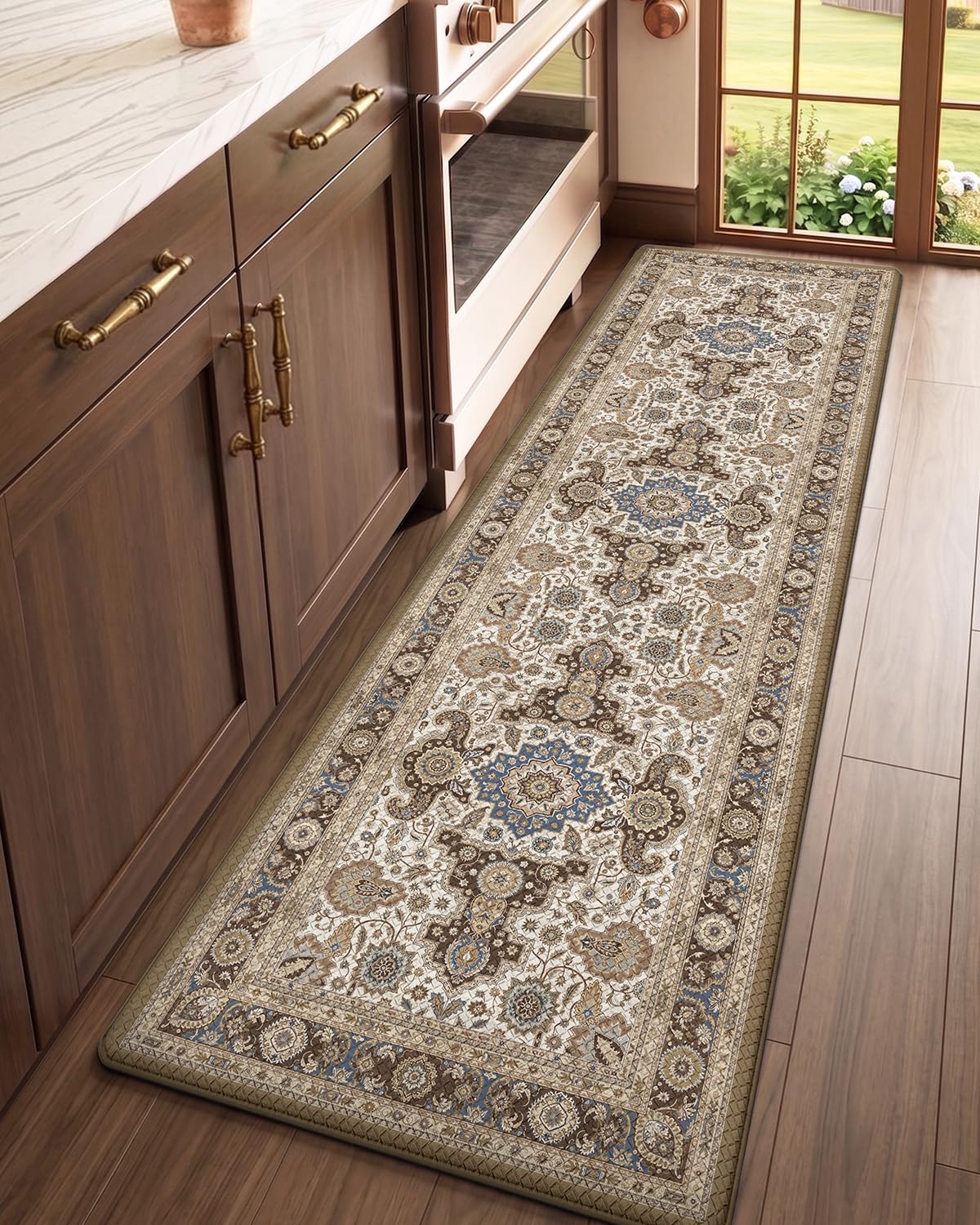 LUMI Kitchen Mat Anti Fatigue Cushioned, Memory Foam Padded Standing PVC Rug Washable, Non Slip Comfort Floor Runner for Home, Sink, Laundry, Office, 24"x87", Ivory Brown