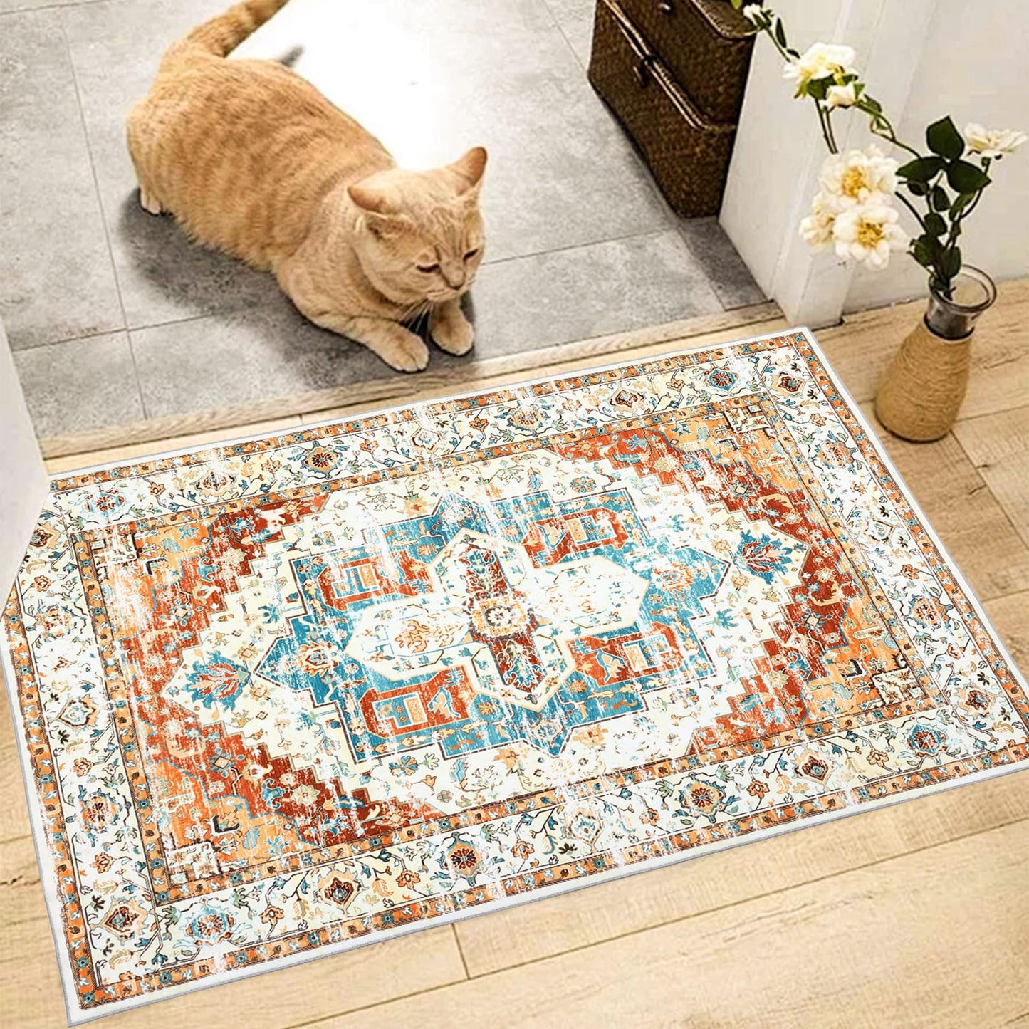 Garvee 4x6 Ft Soft Washable Vintage Area Rug, Boho Vintage Floral Medallion Carpet, Non-Slip, Mark Resistant, Collapsible, Durable Polyester Carpet, for Living Room, Bedroom, Red