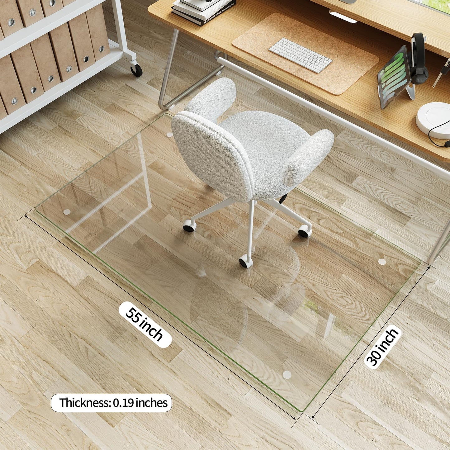 Koonmi Tempered Glass Chair Mat for Hardwood Floors & Carpets, 30" x 55“ Transparent Heavy Duty Office Floor Protector with Noise-Free Gliding Shatterproof for Home Office Desk