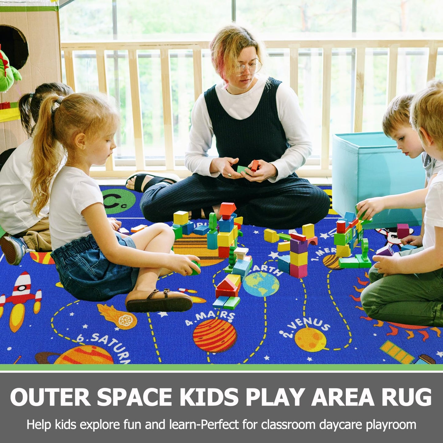 Capslpad Outer Space Classroom Rugs 6.6'x9.8' Non Slip ABC Alphabet Classroom Rug Elementary Solar System Kids Carpet Playmat Rug Educational Learning Kids Area Rug for Preschool Nursery Classroom