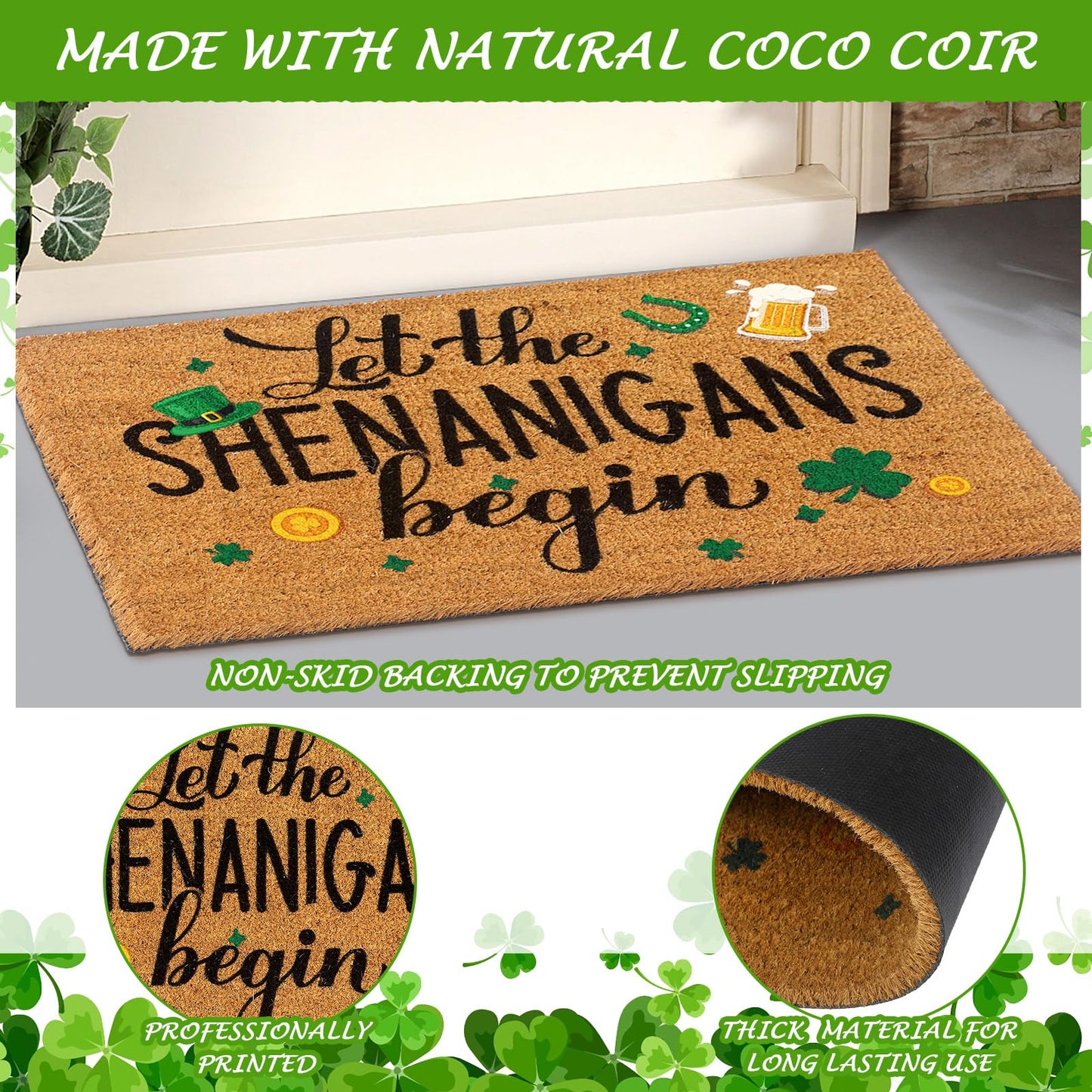 Ceenna St. Patrick's Day Welcome Doormat Outdoor St. Patrick's Day Coir Doormat with Non Slip Backing Shamrock Clover Green Irish Door Mat Front Porch Rugs for Home Entrance, 16 x 28Inches