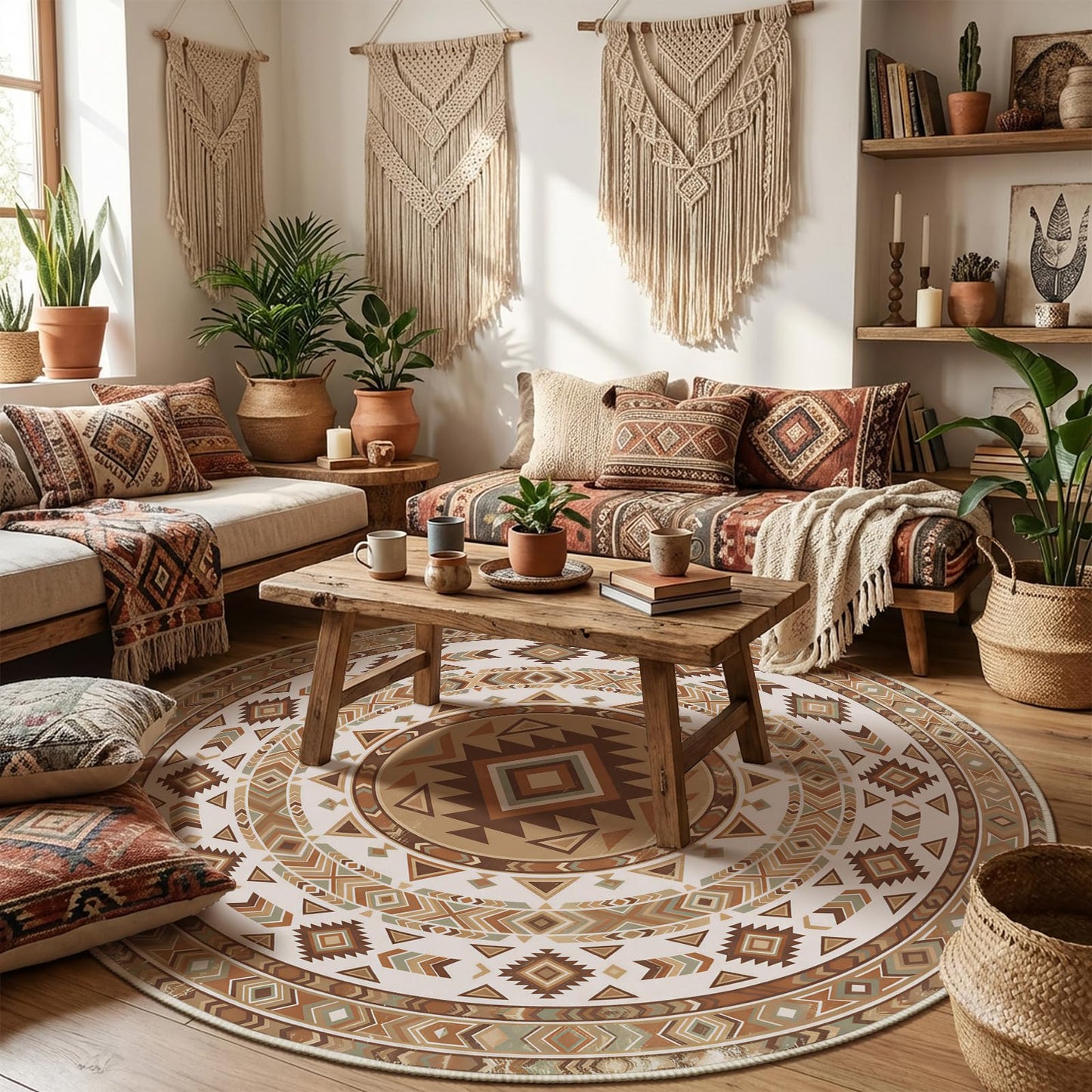 Doteon 3ft Southwestern Round Rug, Geometric Tribal Circle Carpet, Soft Faux Cashmere Non-Slip Rug for Bedroom and Entryway