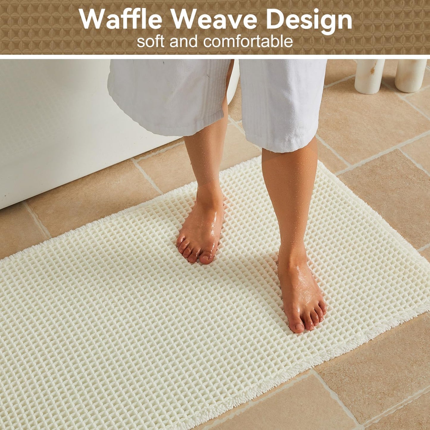Triohero Waffle Bath Mat, Small Boho Bathroom Rugs Non Slip Washable, Ultra Soft Super Absorbent Quick Dry Farmhouse Bathroom Decor, 16" x 24", Cream White