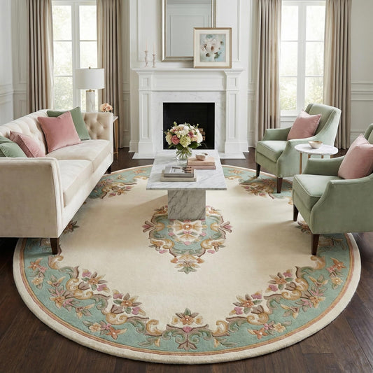 Alvora Looms Handmade Aubusson Modern Wool Rug (Loopcut Green) – Vintage French Floral Medallion Carpet, Traditional Elegant Area Rug | Size- 7 Round