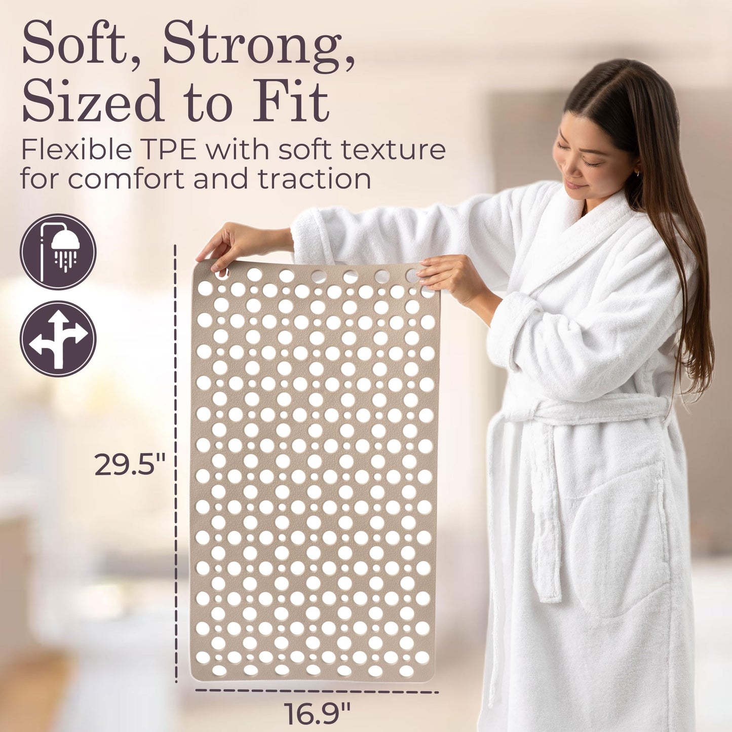 LUMA HOME Non Slip Shower Mat for Bathtub, Beige TPE Bath Mat with Strong Suction Cups, Quick-Dry Drain Holes, Soft Textured Surface, Spa-Inspired, 30x17 Inch