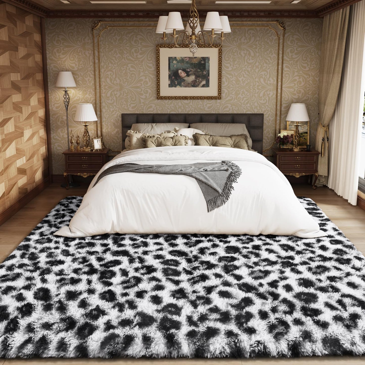 Amearea Fluffy Leopard Print Rug, Modern Shag Cheetah Rugs Home Decor for Teen Girls, Soft Comfy Faux Fur Animal Rug for Bedroom, Living Room, Plush Cheetah Print 70s Decor, White and Black 3x5 Feet