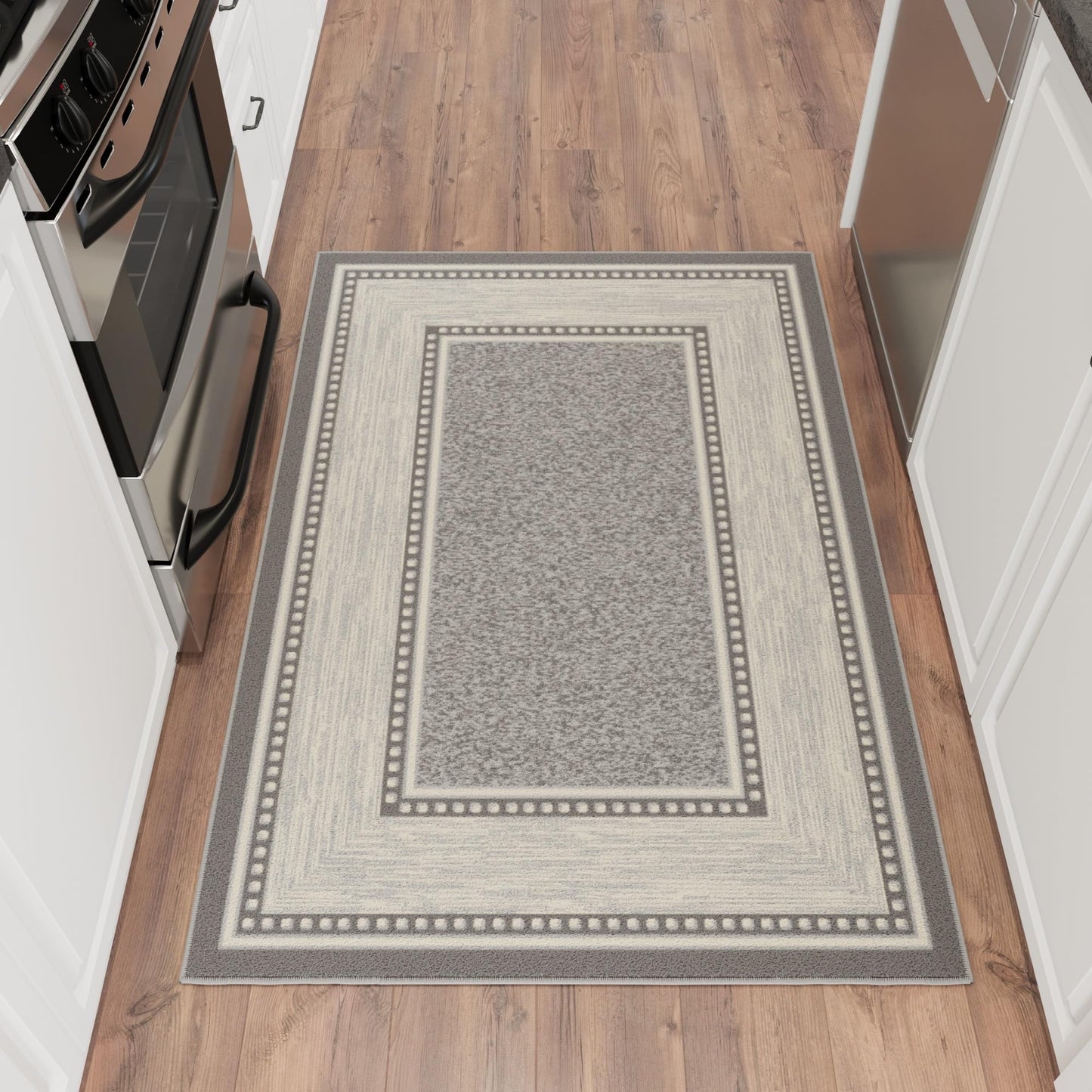 Ottomanson Area Rug 3'3" x 4'7" – Non Slip Rubber Backed Indoor Rug, Low Pile Accent Rug for Living Room, Bedroom, Entryway, Kitchen, Durable Floor Carpet, Border Light Gray