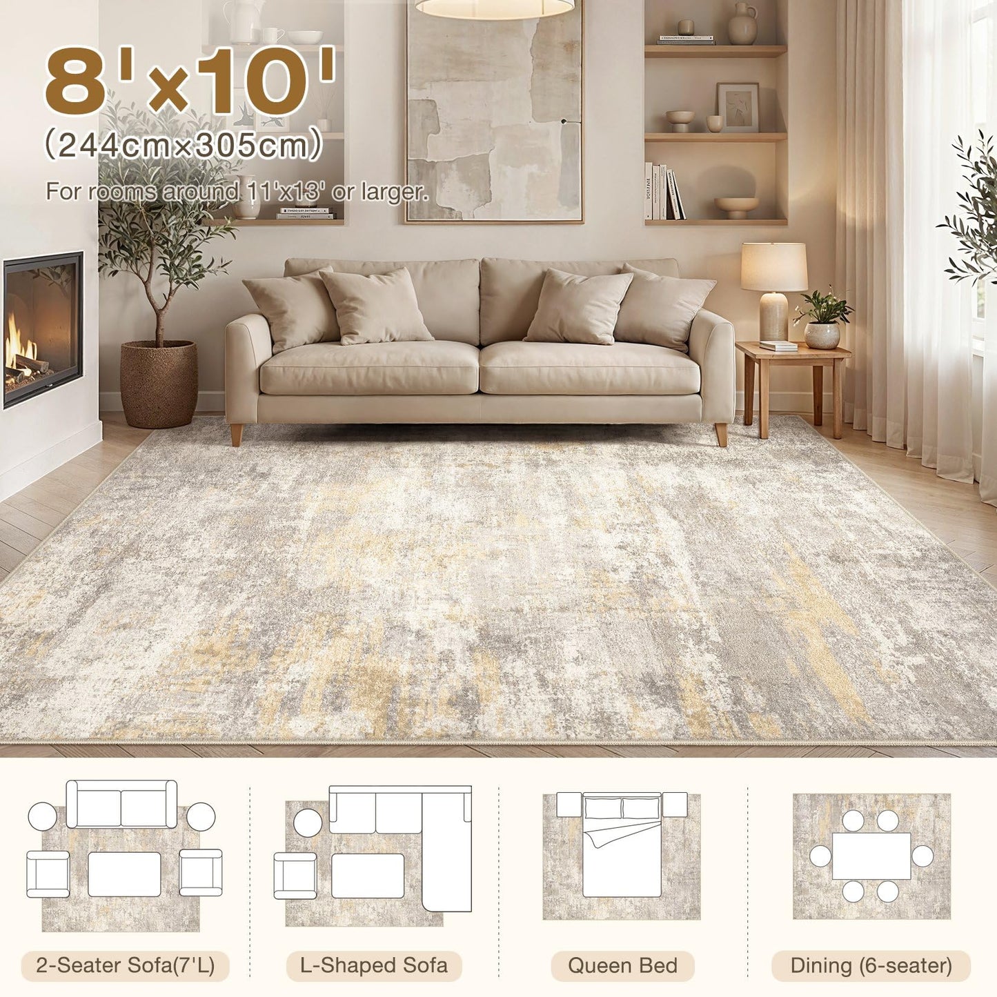 cotiled Abstract 8x10 Area Rug Soft Neutral Non Slip Carpet