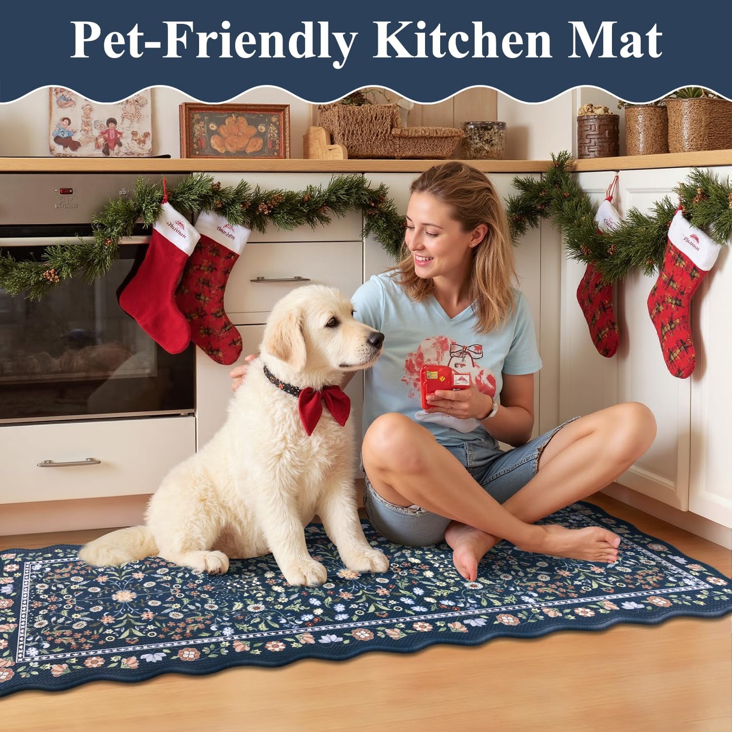 Yamaziot Anti Fatigue Kitchen Rugs Set of 3 - Boho Non Slip Waterproof Kitchen Mats for Floor, Boho Runner Rug for Kitchen Floor, Laundry, Desk, Bar, Office, 17.3"x29"+17.3"x35"+17.3"x47", Blue