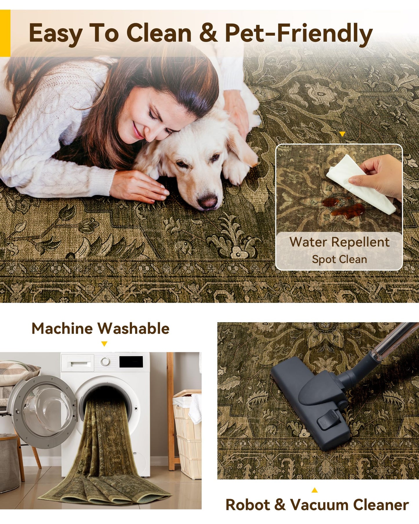 RELEANY Area Rugs 8'x10' Washable Non-Slip, Floral Vintage Distress Medallion Carpet for Living Room Bedroom Dining Room, Brown Dark Brown
