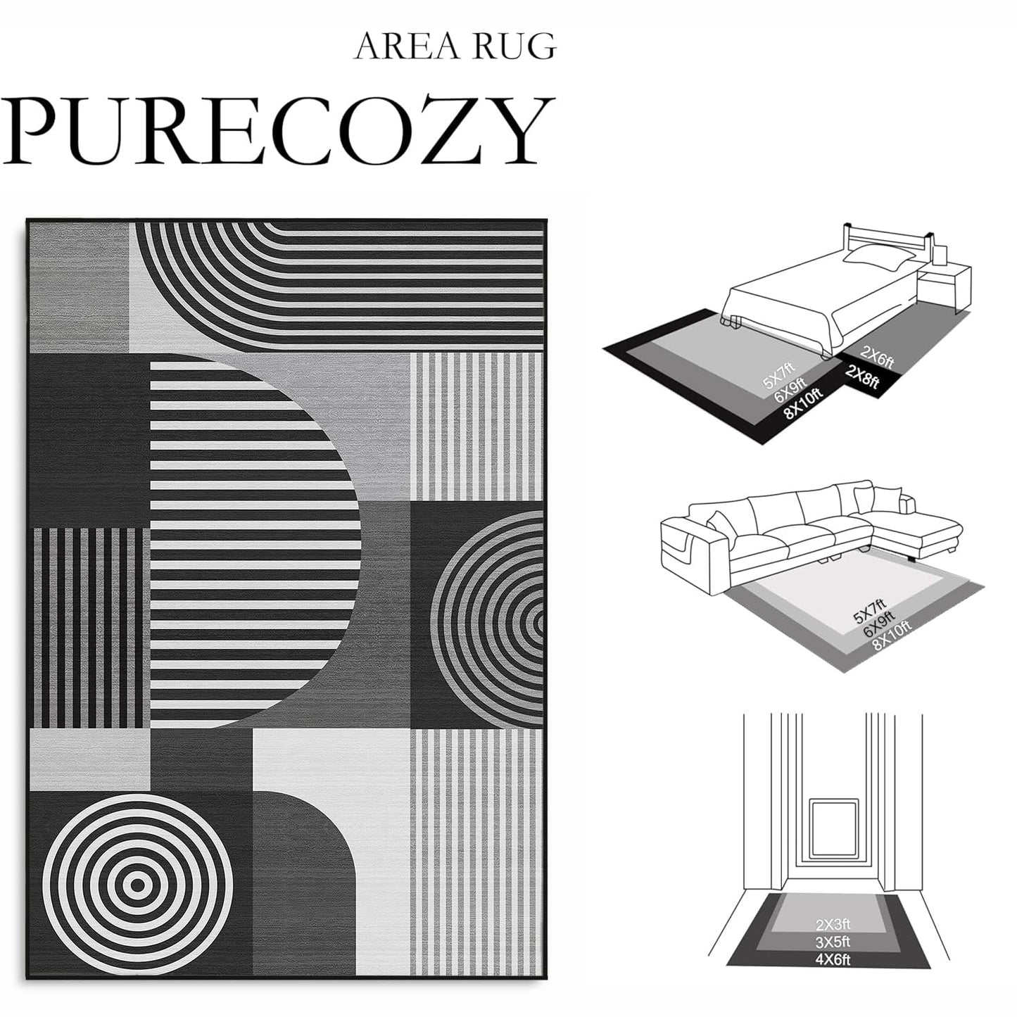 Glocmna Area Rug 5x7 Grey Geometric Rug for Living Room Black White Machine Washable Gray Minimalist Mid Century Modern Rugs Non Slip Low Pile Large Dining Room Indoor Floor Carpet for Bedroom Office