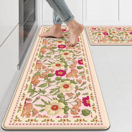 CHICNOOK Non-Slip Kitchen Mats, PVC Anti-Fatigue Kitchen Rugs Set of 2, Floral Runner Rugs for Kitchen Sink Area, Office, Hallway, Laundry, Entryway, Bedroom, 18x30,18x48 Inch,Pink