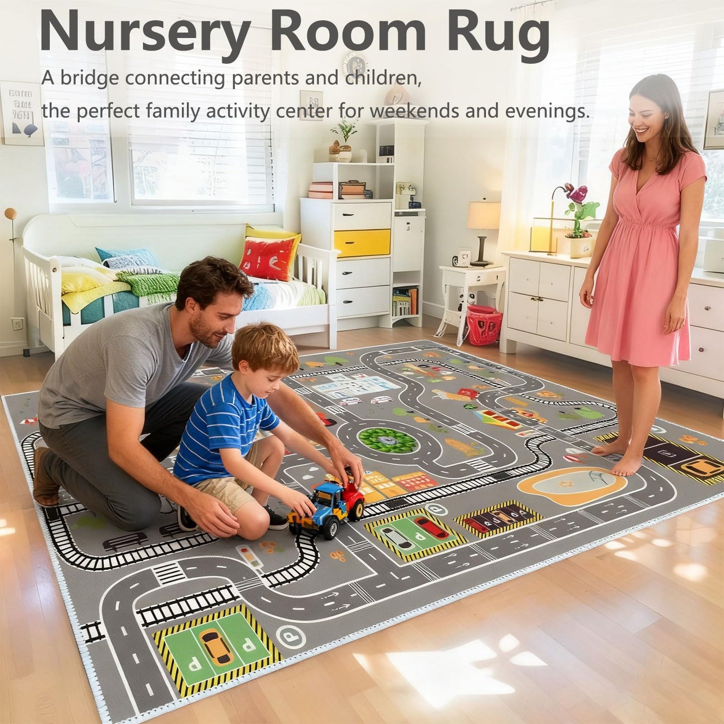 Car Rug Play Mat Road Rug,Kids Carpet Playmat Rugs City Life Great for Playing with Cars and Toys,Children Educational Race Track Rugs with Non-Slip Rubber Backing for Playroom Bedroom Classroom