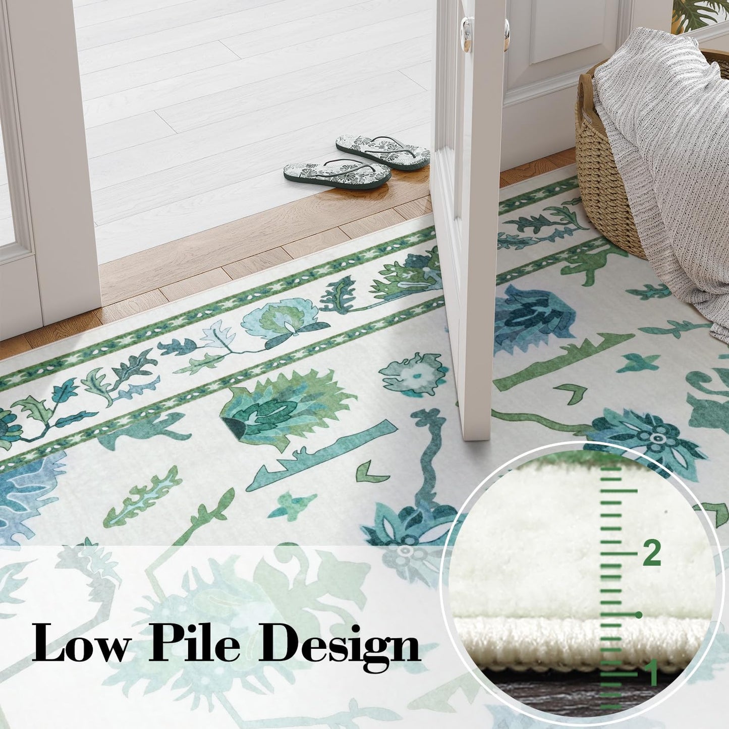 Uphome Green Washable Rugs 8x10, Floral Oushak Rugs for Living Room Bedroom, Non-Slip Soft Turkish Dining Room Rug, Modern Abstract Ultra-Thin Large Carpet for Office Playroom Dorm