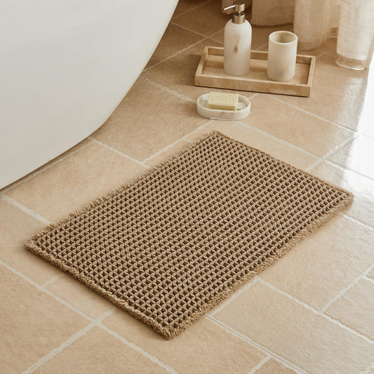 Triohero Waffle Bath Mat, Small Boho Bathroom Rugs Non Slip Washable, Ultra Soft Super Absorbent Quick Dry Farmhouse Bathroom Decor, 16" x 24", Khaki