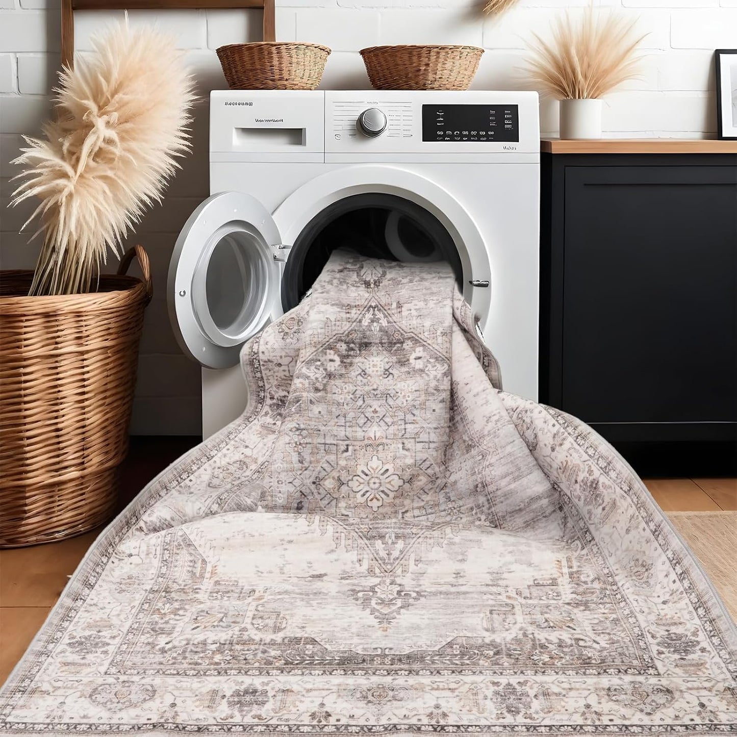 5x5 Area Rug Washable Living Room Rugs: 5ft Square Ultra Thin Soft Oriental Area Rugs Non-Slip Backing Farmhouse Rug Low Pile Thin Stain Resistant Indoor Carpets, 5' x 5' Beige