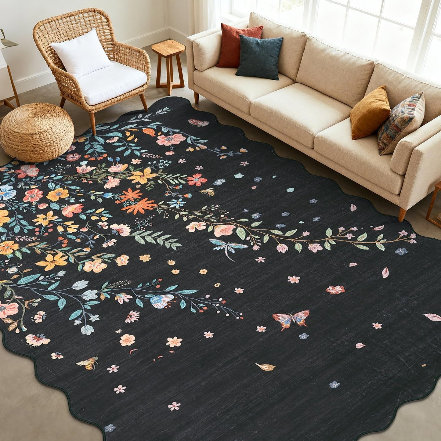 Garvee Large Rugs for Living Room 10x13 Scalloped Floral Rug Washable Rugs Stain Resistant Easy Cleaning Non Slip Floor Cover for Apartment Dining Room Office Nursery, Black