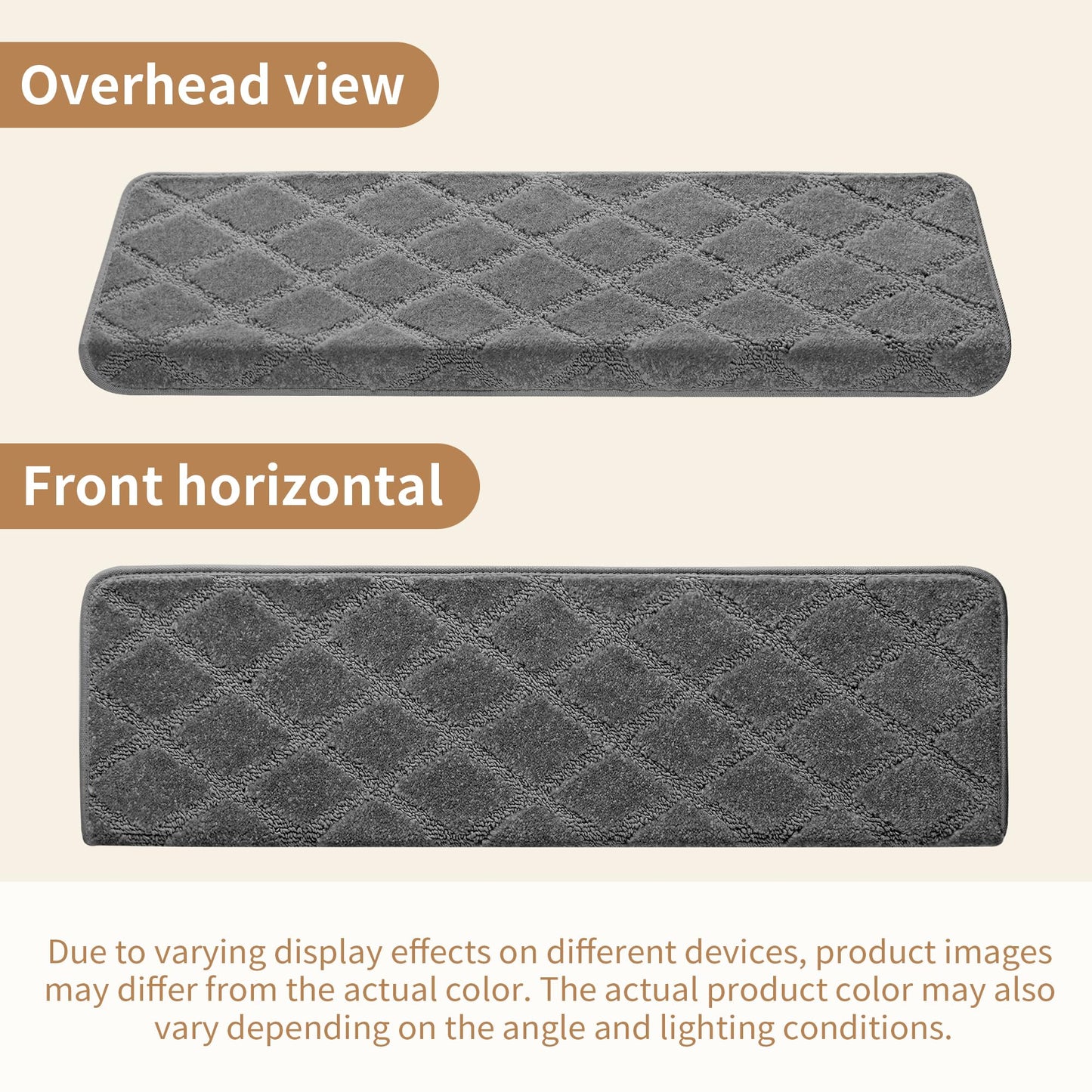 Bullnose Stair Treads Non Slip 9.5" x 32", 14 Pcs Carpet Stair Treads for Wooden Steps Indoor with Edge Protection, Reusable Peel and Stick TPU Backing Stair Runner Rugs - Diamond Pattern Grey.