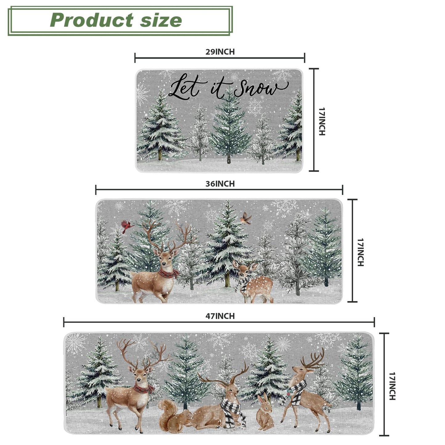 Baccessor Christmas Winter Kitchen Rugs Set of 3, Snowy Pine Tree Deer Cardinal Snowflakes Kitchen Mats Washable Non Slip Rubber Backing Xmas Farmhouse Home Floor Holiday Indoor Laundry Decor
