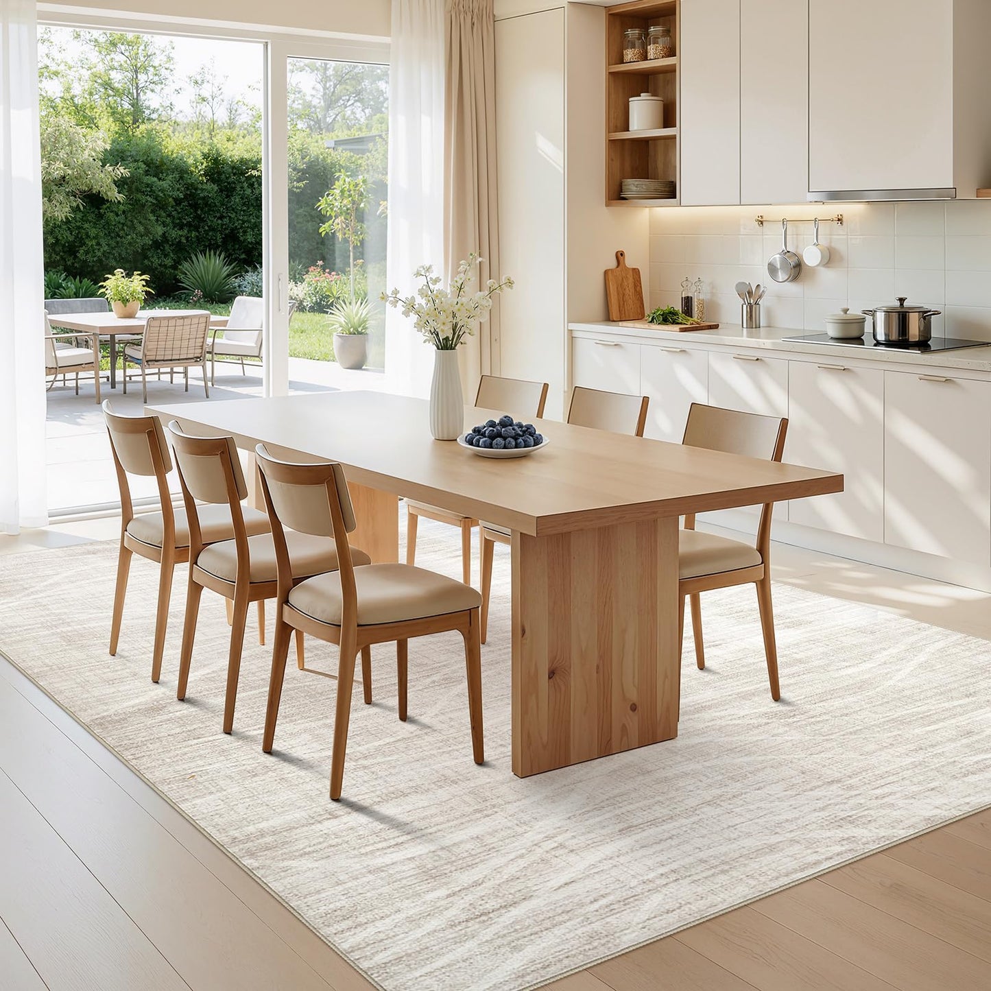 WITSHOCK Washable Rugs 8x10 Modern Area Rugs, Thin Rug for Living Bedroom Dining Room Nursery Kitchen Office, Wave Striped Rugs Indoor Carpet Soft Non Slip Stain Resistant Home Decor, Beige