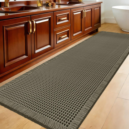 Extra Large Waffle Bath Mat, 6'x2' Greyish Green, Super Absorbent Non-Slip Quick Dry Bathroom Rugs with Tassels, Machine Washable Ultra Soft Boho Bath Rugs for Floor, Toilet Mats Boho Farmhouse Decor