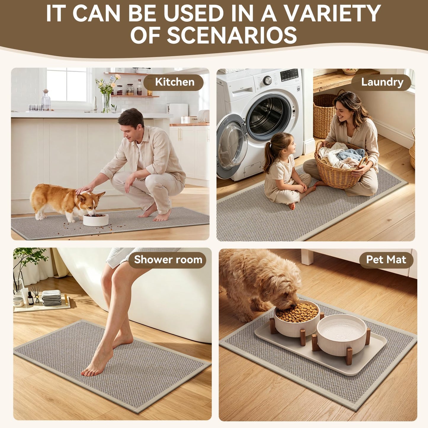QiCaiJia Kitchen Mat, Non-Slip and Washable, Soft Kitchen Mat, Water Absorbent Floor Mat, Woven Sink Mat, Brown 17"x30"