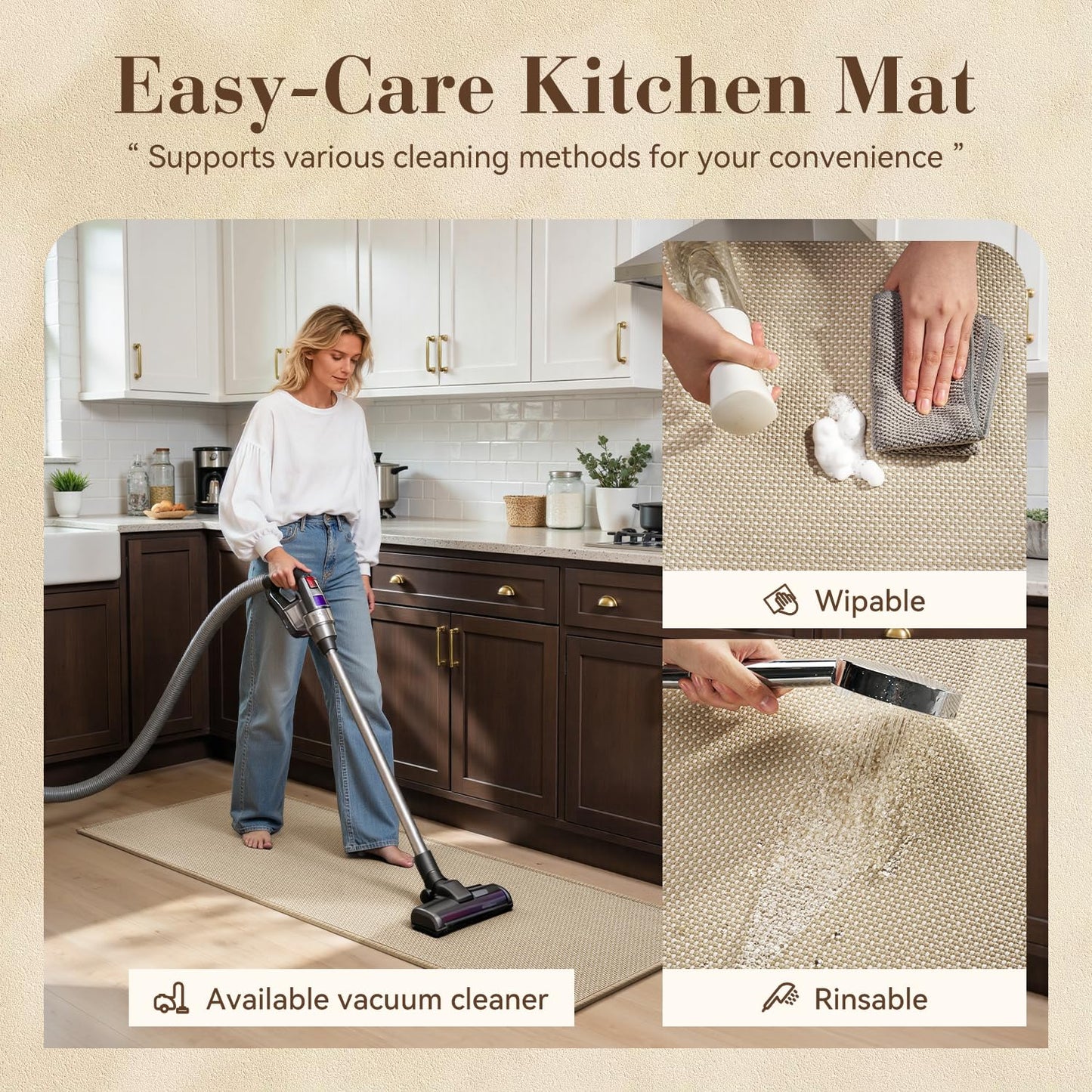 MontVoo Kitchen Rugs Non Slip Washable, Absorbent Braided Kitchen Mats for Floor with Rubber Backing, Durable Easy Clean Kitchen Floor Mat for Front of Sink, Laundry, Entryway, Beige, 17"x28"