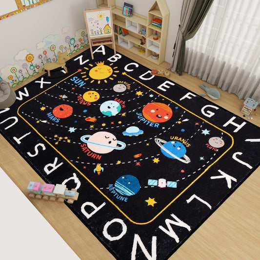 Outer Space Kids Rug,3'3" x 4'11" ABC Alphabet Educational Kids Rugs for Playroom,Non Slip Solar System Galaxy Planets Playroom Rug,Washable Area Rug Carpet for Classroom Kid Room Decor(for Age 2+)
