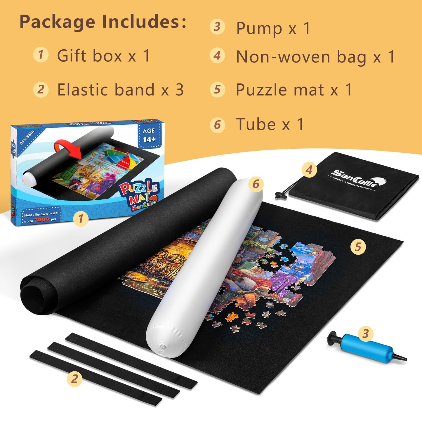 Sancallie Jigsaw Puzzle Mat Roll Up, 51"x34" Jigsaw Storage Felt Mat, Jigroll up to 2,000 Pieces, Gift Box with Drawstring Storage Bag, 3 Elastic Band, Hand Pump, Portable Puzzle mat