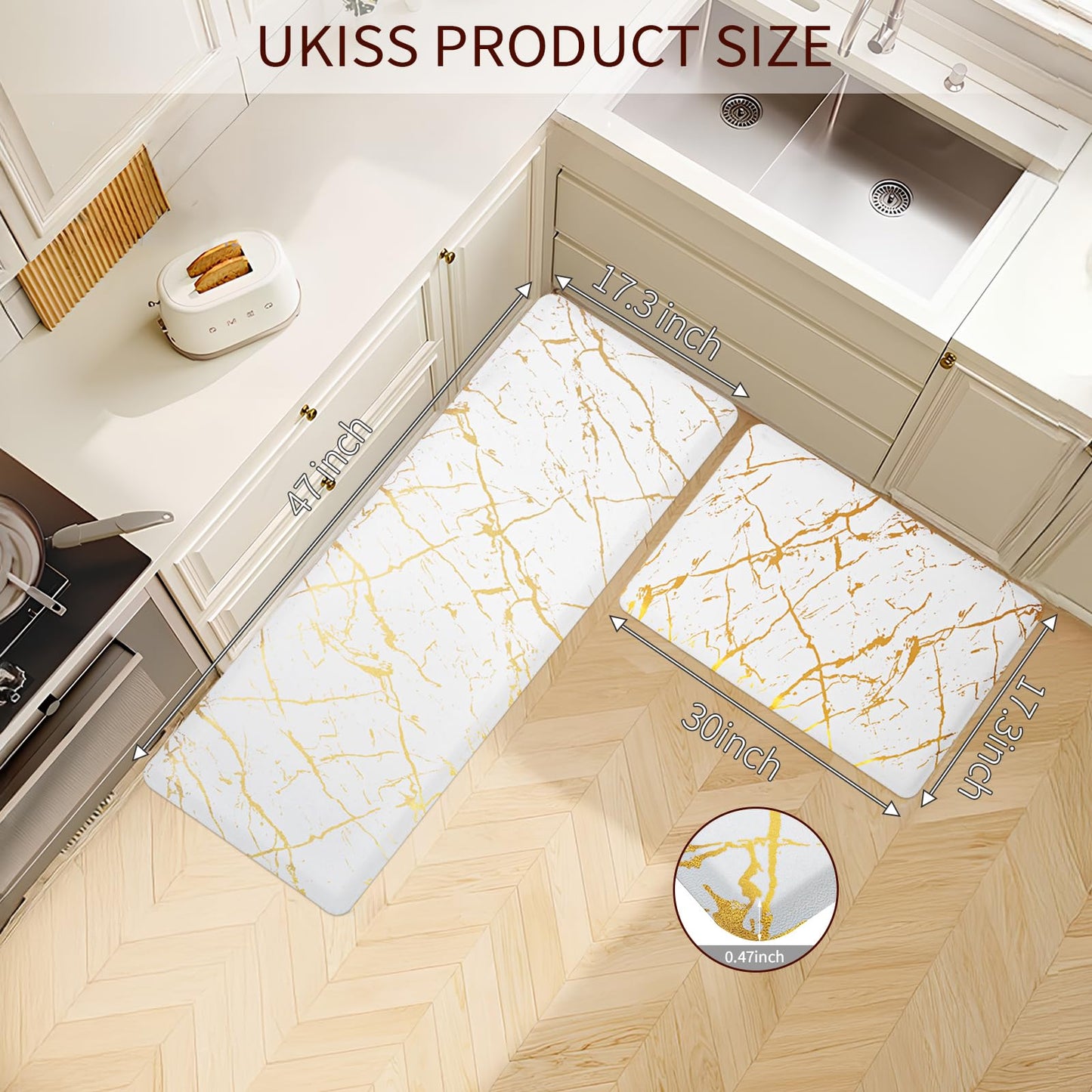 UKISS marbling Kitchen Rugs, Cushioned Kitchen Mats, Anti Fatigue Mat for Floor, Waterproof Kitchen Rug，Non-Slip Comfort Standing Mat for Kitchen&Office (White, 17.3 x 28 inches+17.3 x 47inches)