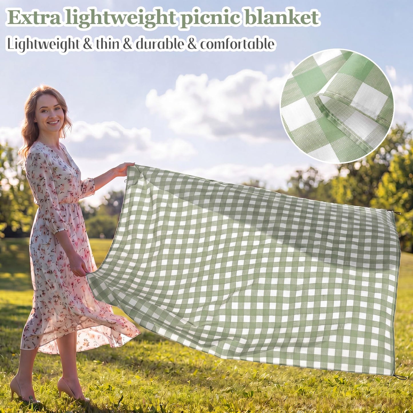 HunnmingRe Lightweight Green Gingham Pocket Picnic Blanket with Storage Bag 55 x 60inch Waterproof Cute Packable Sandproof Beach Mat Compact Washable Picnic Mat for Outdoor Hiking Camping Travel