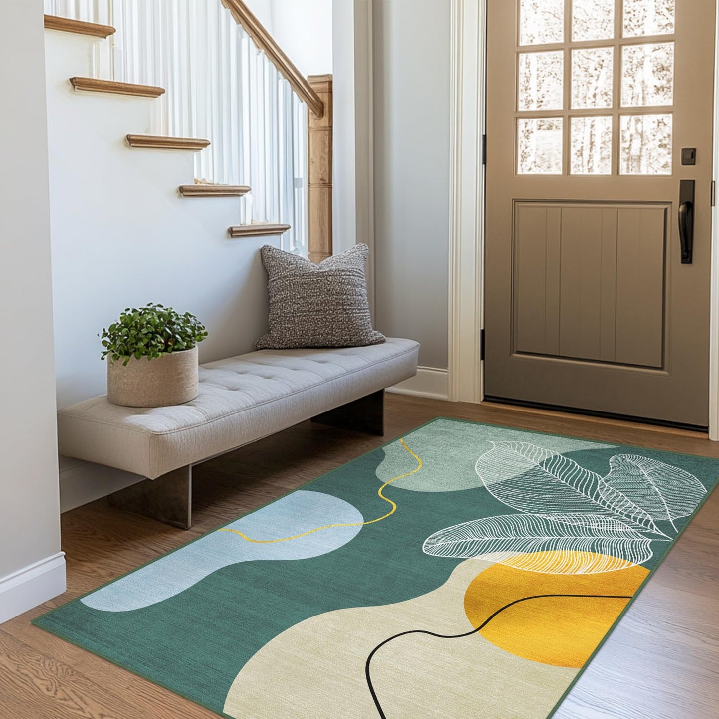 3x5 Green Tropical Area Rug for Living Room, Mid Century Boho Leaf Non-Slip Washable Botanical Print Indoor Floor Carpet, Modern Rugs for Bedroom Dining Room Laundry Room Office